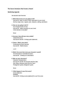 The Seven Decisions that Create a Novel Workshop Agenda Introduction and Overview 1. What kind of story are you going to tell? Exercise #1: Rank, in order of their importance to your novel, the four major story engines: 