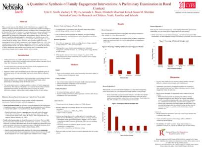 A Quantitative Synthesis of Family Engagement Interventions: A Preliminary Examination in Rural Context Tyler E. Smith, Zachary R. Myers, Amanda L. Moen, Elizabeth Moorman Kim & Susan M. Sheridan Nebraska Center for Rese