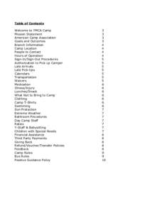 Table of Contents Welcome to YMCA Camp Mission Statement American Camp Association Goals and Outcomes Branch Information