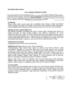 NorTh  Marin Water District FIELD SERVICE REPRESENTATIVE  Ihrs c/ass description is onty intended to present a summary of the range of duties and responsibilities