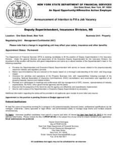 Vacancy Announcement: Deputy Superintendent, Insurance Division, NS