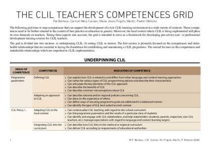 THE CLIL TEACHER’S COMPETENCES GRID Pat Bertaux, Carmel Mary Coonan, María Jesús Frigols-Martín, Peeter Mehisto The following grid aims to map competences that can support the development of a rich CLIL learning env