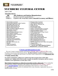 NYUMBURU CULTURAL CENTER April 4, 2014 MEMORANDUM TO: ALL Students and Student Organizations
