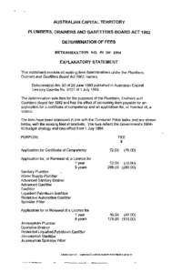 AUSTRALIAN CAPITAL TERRITORY PLUMBERS, DRAINERS AND GASFITTERS BOARD ACT 1982 DETERMINATION OF FEES DETERMINATION NO. 59 OF 1994 EXPLANATORY STATEMENT This instrument revokes all existing fees determinations under the Pl