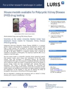 For a richer research landscape in Leiden  Mouse models available for Polycystic Kidney Disease (PKD) drug testing Key benefits •