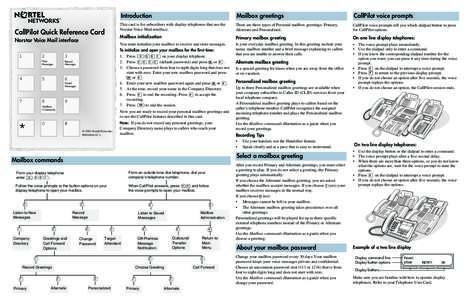 Return to Menu CallPilot Quick Reference Card Norstar Voice Mail interface