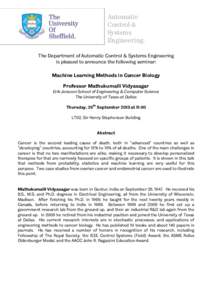 Automatic Control & Systems Engineering. The Department of Automatic Control & Systems Engineering is pleased to announce the following seminar: