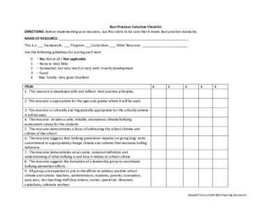 Best Practices Selection Checklist DIRECTIONS: Before implementing your resource, use this rubric to be sure that it meets best practice standards. NAME OF RESOURCE: ______________________________________________________