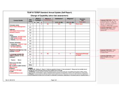 TEAP III TERSP Standard Annual Update (Self Report) Change of Capability (since last assessment) Contact Details TDG Class