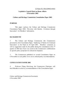 LC Paper No. CB[removed])  Legislative Council Panel on Home Affairs 8 November 2002 Culture and Heritage Commission Consultation Paper 2002