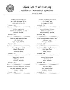 Iowa Board of Nursing Provider List - Alphabetical by Provider January 8, 2014 Academy of Neonatal Nursing 1425 North McDowell, Ste 105