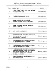 PLANNING, POLICY AND GOVERNMENTAL AFFAIRS OCTOBER 17, 2013 TAB DESCRIPTION