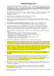 Völkerball-RegelnE in e M a nns c h af t b es t e ht a us 7 F el ds p ie l er n un d 1 T or war ts p i e ler . Es is t er l au bt , m it 6 F e lds p i e ler n a n zu tr et e n. D er Er s t ge tr of f en e ha t 