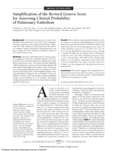 ORIGINAL INVESTIGATION  Simplification of the Revised Geneva Score for Assessing Clinical Probability of Pulmonary Embolism Frederikus A. Klok, MD; Inge C. M. Mos, MD; Mathilde Nijkeuter, MD, PhD; Marc Righini, MD, PhD;