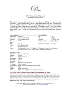 Drew 2012 Syrah Valenti Vineyard Mendocino Ridge AVA The Valenti Vineyard is located on the top of Greenwood Ridge, 6 miles from the ocean and 1,300 feet above sea level on a north-east facing slope that overlooks the An