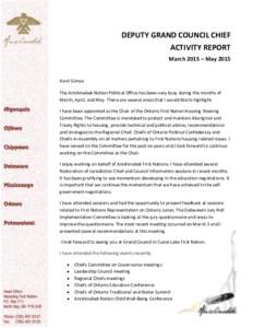 DEPUTY GRAND COUNCIL CHIEF ACTIVITY REPORT March 2015 – May 2015 Aanii Gimaa The Anishinabek Nation Political Office has been very busy during the months of