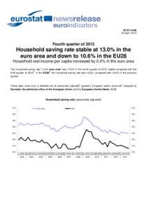 STAT[removed]April 2014 Fourth quarter of[removed]Household saving rate stable at 13.0% in the