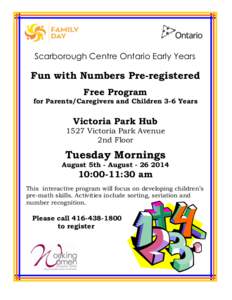 Scarborough Centre Ontario Early Years  Fun with Numbers Pre-registered Free Program for Parents/Caregivers and Children 3-6 Years