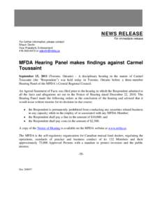 News release - MFDA Hearing Panel makes findings against Carmel Toussaint