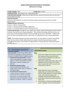 WORLD LANGUAGES/STEM MODULE COVERSHEET Adventures in Energy Target Language: ESOL Grade Level: 4 and 5 Proficiency Level: Junior Novice Low – Junior Novice Mid