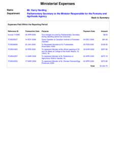 Ministerial Expenses Name Department Mr. Harry Harding Parliamentary Secretary to the Minister Responsible for the Forestry and