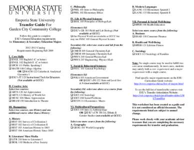 C. Philosophy  PHIL 101 Intro to Philosophy  PHIL 102 Elementary Ethics Emporia State University Transfer Guide For