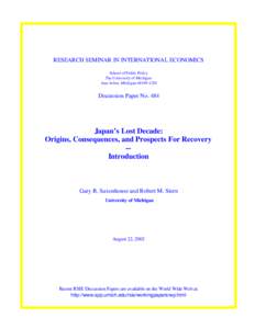 RESEARCH SEMINAR IN INTERNATIONAL ECONOMICS School of Public Policy The University of Michigan Ann Arbor, Michigan[removed]Discussion Paper No. 484