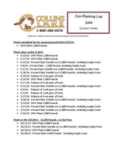 Fish Planting Log 2014 Updated Weekly California’s largest private trout stocking program North of Sacramento!  Plants scheduled for the upcoming week[removed]