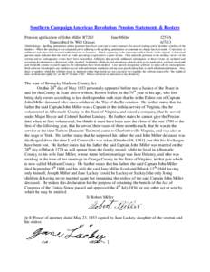 Southern Campaign American Revolution Pension Statements & Rosters Pension application of John Miller R7203 Transcribed by Will Graves Jane Miller