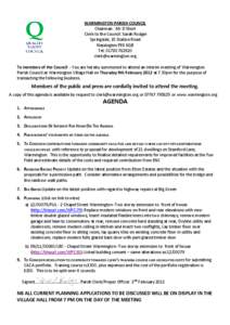 WARMINGTON PARISH COUNCIL Chairman : Mr D Short Clerk to the Council: Sarah Rodger Springside, 15 Station Road Nassington PE8 6QB Tel: [removed]