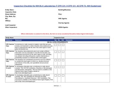 Inspection Checklist for NIH BL4 Laboratories (7 CFR 331; 9 CFR 121; 42 CFR 73; NIH Guidelines)