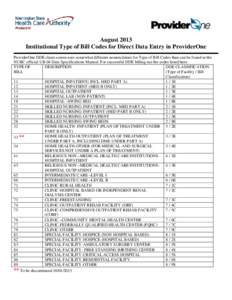 August 2013 Institutional Type of Bill Codes for Direct Data Entry in ProviderOne ProviderOne DDE claim screen uses somewhat different nomenclature for Type of Bill Codes than can be found in the NUBC official UB-04 Data