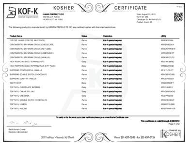 KOSHER  KOF-K HANAN PRODUCTS CO 196 MILLER PLACE