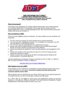 DBE PROGRAM FACT SHEET TENNESSEE SMALL BUSINESS DEVELOPMENT/ DISADVANTAGED BUSINESS ENTERPRISE (DBE) PROGRAM SMALL BUSINESS DEVELOPMENT PROGRAM  What is the program?