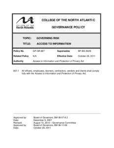 COLLEGE OF THE NORTH ATLANTIC GOVERNANCE POLICY TOPIC:  GOVERNING RISK