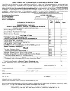 USMC COMBAT HELICOPTER ASSN ACTIVITY REGISTRATION FORM Listed below are all registration, tour, and meal costs for the reunion. Please enter how many people will be participating in each event and total the amount. Send 