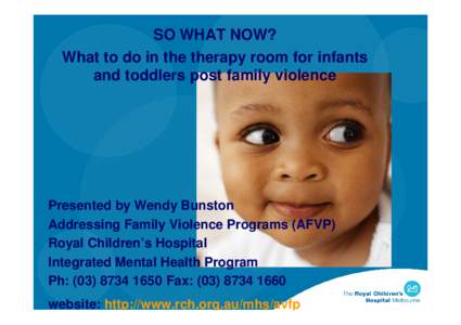 SO WHAT NOW? What to do in the therapy room for infants and toddlers post family violence Presented by Wendy Bunston Addressing Family Violence Programs (AFVP)