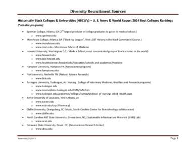 Diversity Recruitment Sources Historically Black Colleges & Universities (HBCU’s) – U. S. News & World Report 2014 Best Colleges Rankings (*notable programs)  