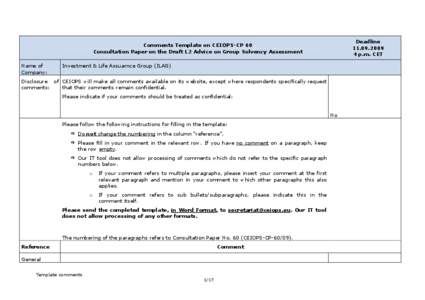 Deadline[removed]p.m. CET Comments Template on CEIOPS-CP 60 Consultation Paper on the Draft L2 Advice on Group Solvency Assessment