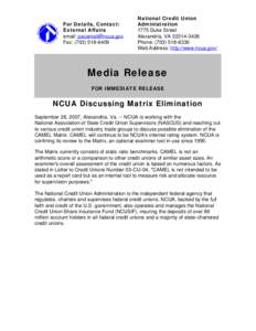 Media Release - NCUA Discussing Matrix Elimination