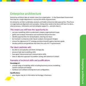 Enterprise architecture Enterprise architects take an holistic view of an organisation – in the Queensland Government that may be a single department or across the whole of government. An enterprise architect undertake