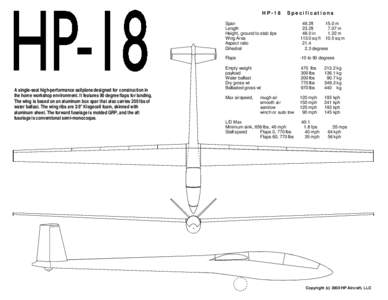 HP-18  A single-seat high-performance sailplane designed for construction in the home workshop environment. It features 90 degree flaps for landing. The wing is based on an aluminum box spar that also carries 200 lbs of 