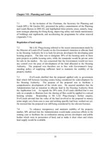 Chapter VII : Planning and Lands  7.1 At the invitation of the Chairman, the Secretary for Planning and Lands (SPL), Mr Gordon SIU, presented the policy commitments of the Planning and Lands Bureau in[removed], and highli