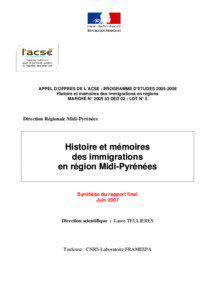 APPEL D’OFFRES DE L’ACSE : PROGRAMME D’ETUDES[removed]Histoire et mémoires des immigrations en régions MARCHÉ N° [removed]DED 02 : LOT N° 5