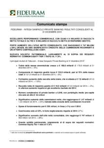 Comunicato stampa FIDEURAM – INTESA SANPAOLO PRIVATE BANKING: RISULTATI CONSOLIDATI AL 31 DICEMBRE 2015 ECCELLENTE PERFORMANCE COMMERCIALE, CON QUASI € 8 MILIARDI DI RACCOLTA NETTA TOTALE E OLTRE € 10 MILIARDI DI R