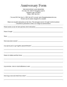 Anniversary Form THE HOUGHTON LAKE RESORTER P.O. Box 248 • 4049 W. Houghton Lake Dr. Houghton Lake, MI[removed]Phone: ([removed]