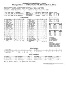 Hockey Game Box Score (Final) Michigan State vs #4 Miami (Nov 17, 2012 at Oxford, Ohio) Michigan State[removed], [removed]CCHA) vs. Miami[removed], [removed]CCHA) Date: Nov 17, 2012 • Location: Oxford, Ohio • Arena: Steve 