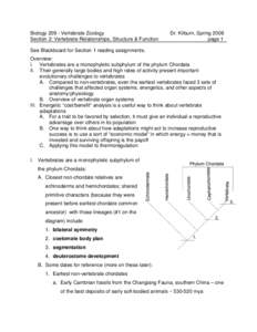 Biology[removed]Vertebrate Zoology Section 2: Vertebrate Relationships, Structure & Function Dr. Kilburn, Spring 2006 page 1