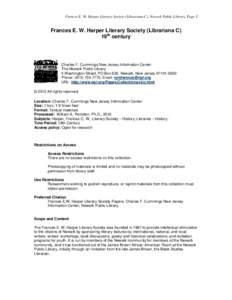 Frances E. W. Harper Literary Society (Librariana C), Newark Public Library, Page 1  Frances E. W. Harper Literary Society (Librariana C) 19th century  Charles F. Cummings New Jersey Information Center