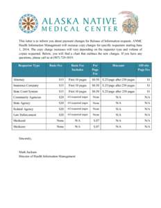    This letter is to inform you about payment changes for Release of Information requests. ANMC Health Information Management will increase copy charges for specific requesters starting June 1, 2014. The copy charge inc